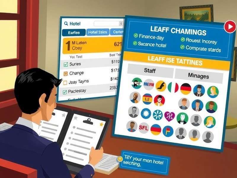 Hotel Empire Tycoon strategy guide illustration showing a player managing hotel finances and staff schedules