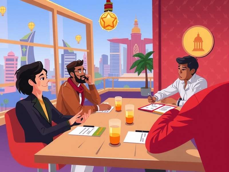 Hotel Empire Tycoon Indian community meetup illustration showing players discussing strategies and celebrating in-game achievements