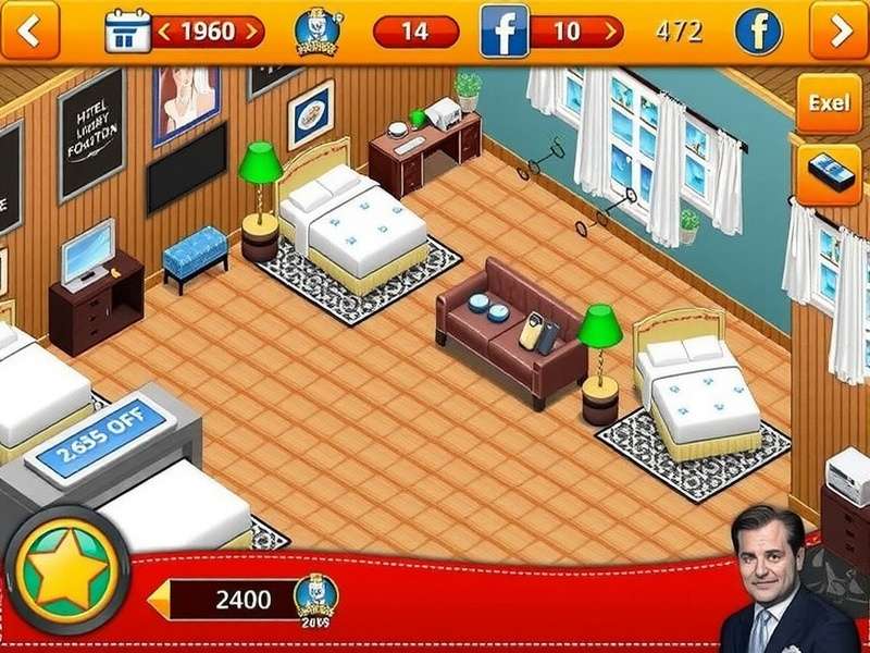 Hotel Empire Tycoon gameplay screenshot showing hotel management interface with various rooms and facilities